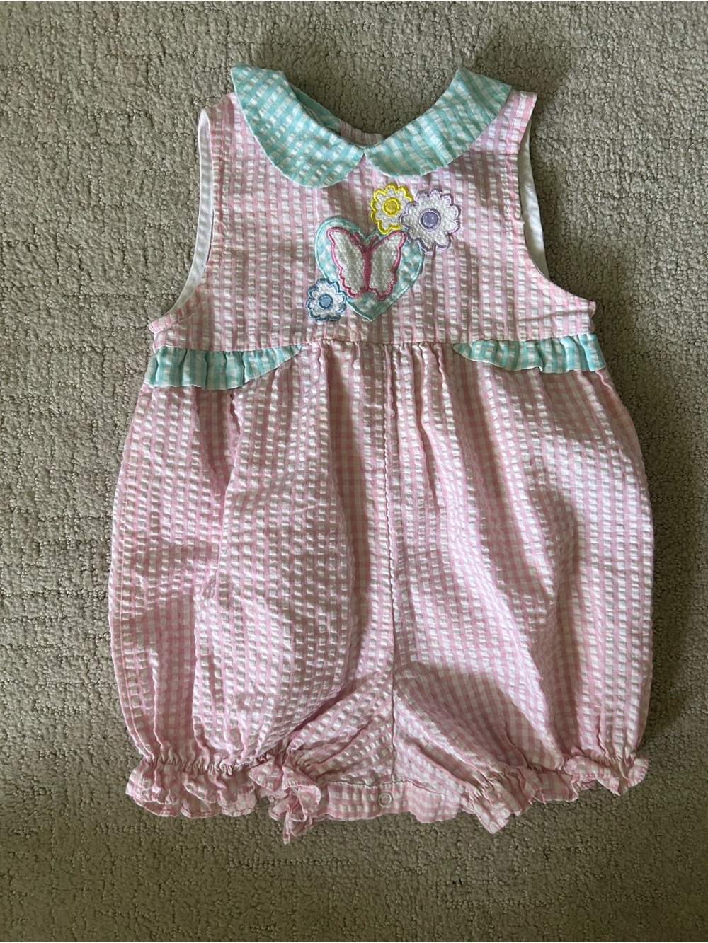 Vintage Y2K gingham seersucker baby girl romper 12 months floral butterfly